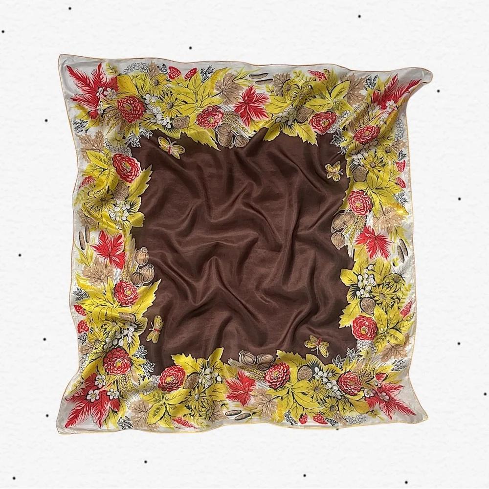 Luxury Floral Silk Scarf in Brown, Yellow & Red - Unbranded
